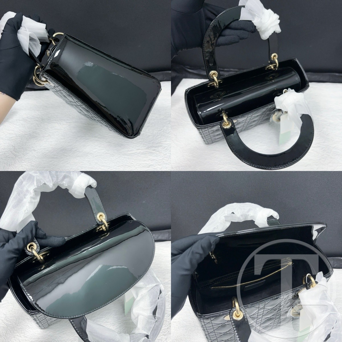dior lady dior bag in black patent calfskin with gold hardware and five compartments dior lady dior bag in black patent calfskin with gold hardware and five compartments