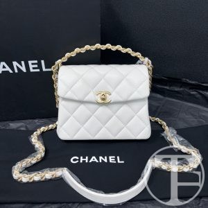 chanel 24s white caviar skin square bag with vintage gold tone handle microchipped (24s)
