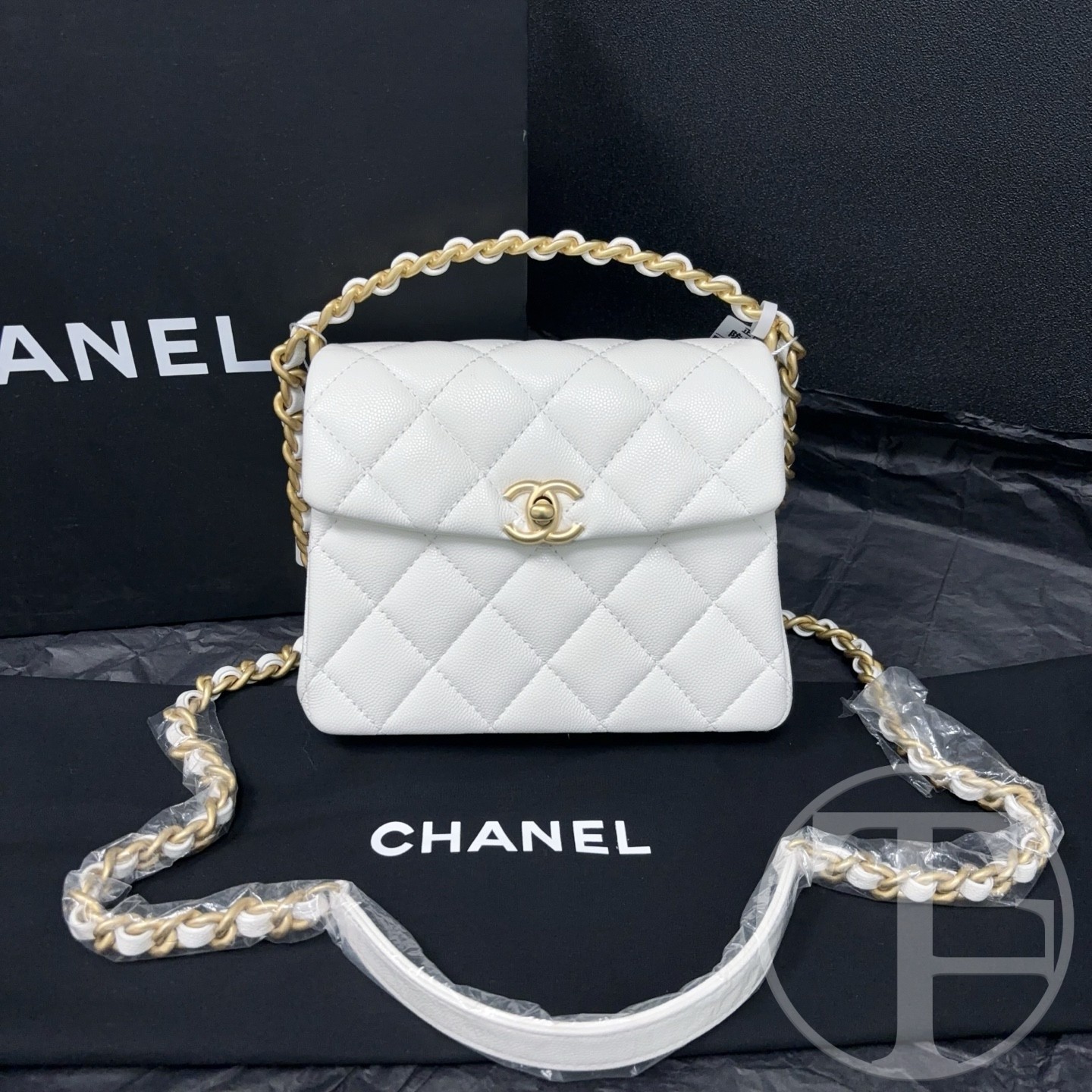 chanel 24s white caviar skin square bag with vintage gold tone handle microchipped (24s) chanel 24s white caviar skin square bag with vintage gold tone handle microchipped (24s)