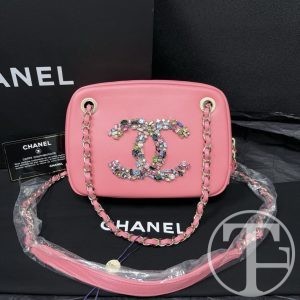 chanel hot pink rhinestone double c camera bag with card
