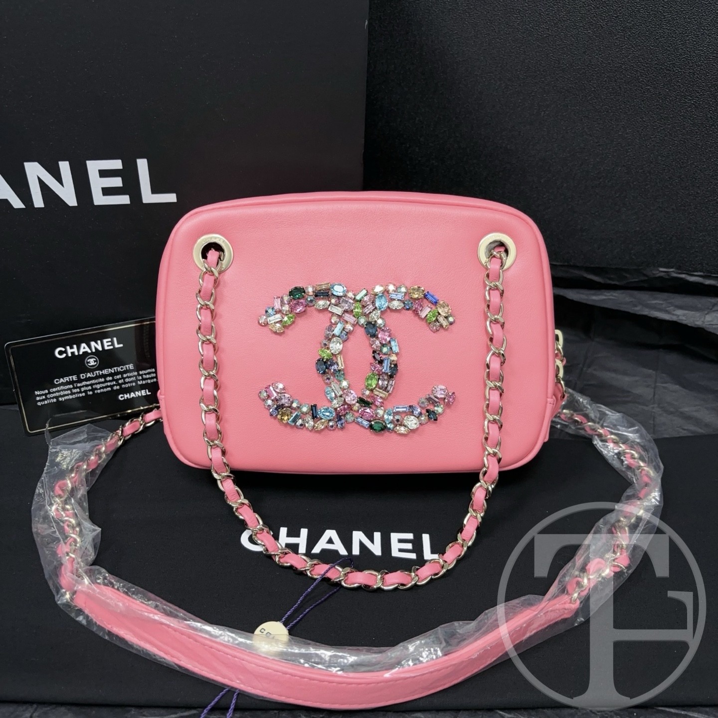 chanel hot pink rhinestone double c camera bag with card chanel hot pink rhinestone double c camera bag with card