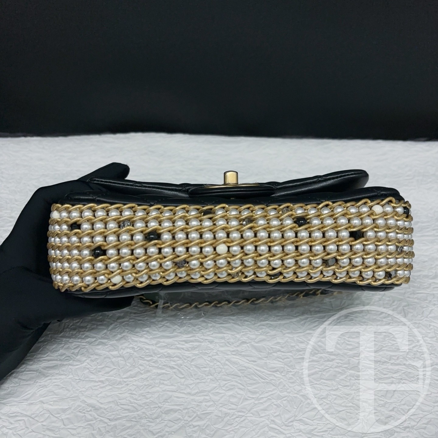 chanel no.30 (2020) black lambskin black and gold pearl trimmed limited edition vic runway large mini bag chanel no.30 (2020) black lambskin black and gold pearl trimmed limited edition vic runway large mini bag