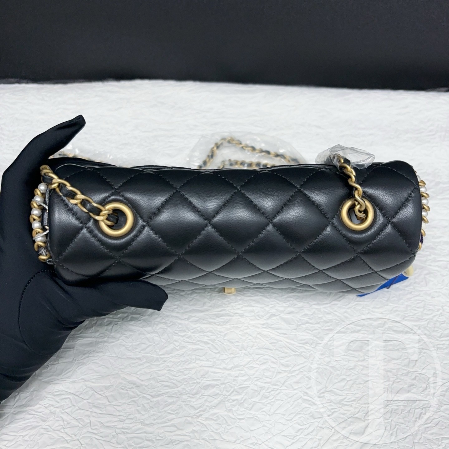 chanel black lambskin limited edition vic runway large mini bag with gold pearl trim (no.30, 2020) chanel black lambskin limited edition vic runway large mini bag with gold pearl trim (no.30, 2020)