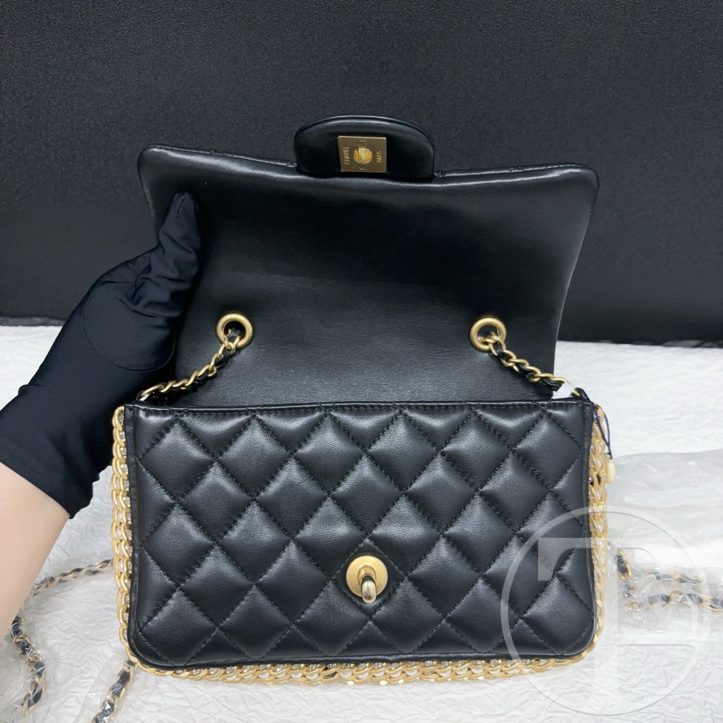 chanel no.30 (2020) black lambskin black and gold pearl trimmed limited edition vic runway large mini bag chanel no.30 (2020) black lambskin black and gold pearl trimmed limited edition vic runway large mini bag