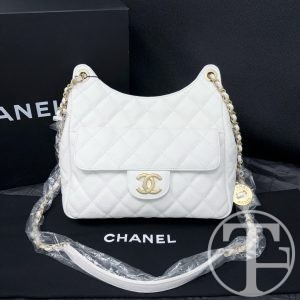 chanel white caviar leather hobo bag microchipped (22) with gold tone hardware