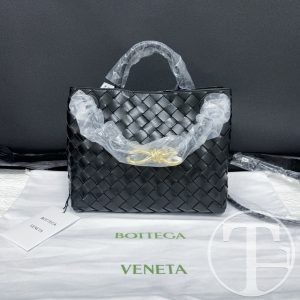 bottega veneta small andiamo intrecciato tote bag in black lambskin with gold tone hardware